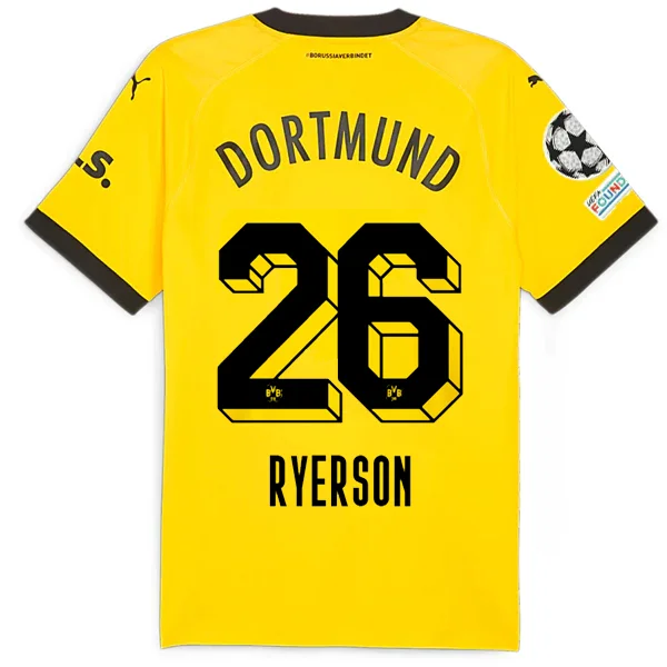 Puma Borussia Dortmund Authentic Ryerson Home Jersey w/ Champions League Patches 23/24 (Cyber Yellow/Puma Black) Trendy Men's Bucket