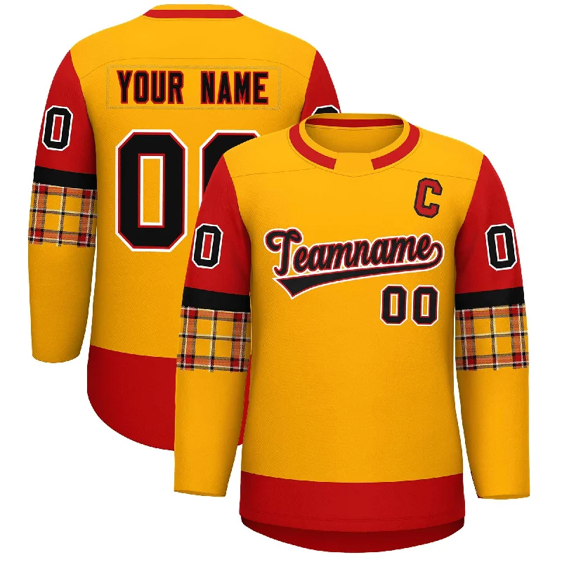 Custom Yellow Red Personalized Raglan Sleeves Round-Neck Hockey Jersey Stylish Men's Tropical 