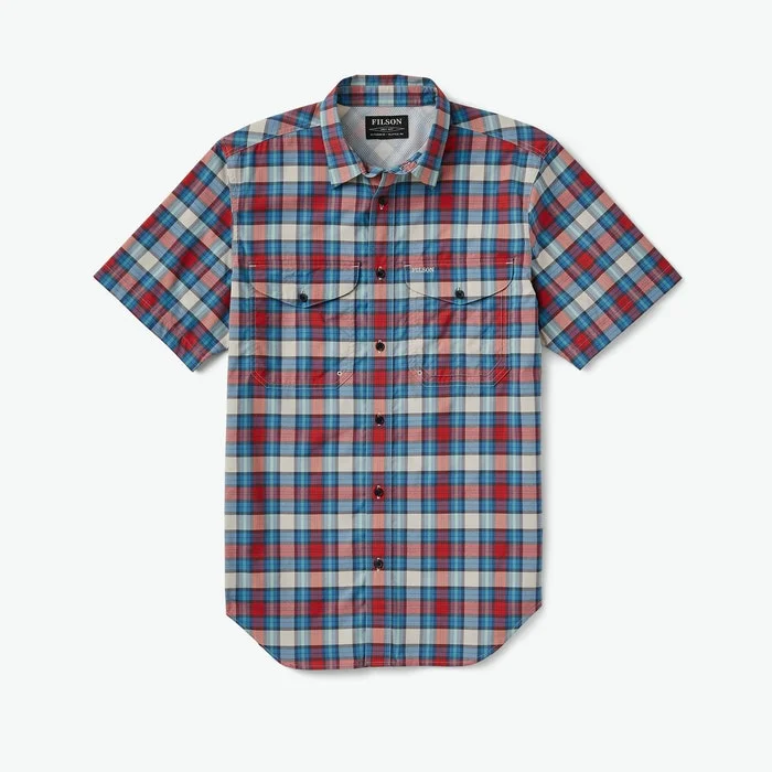 Twin Lakes Short Sleeve Sport Shirt (Blue + Red Plaid) Masculine Men's 