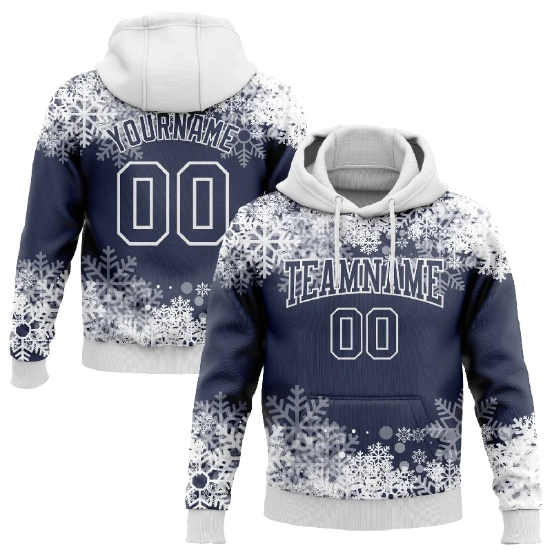 Custom Stitched Navy White Christmas Snowflakes 3D Sports Pullover Sweatshirt Hoodie Laid