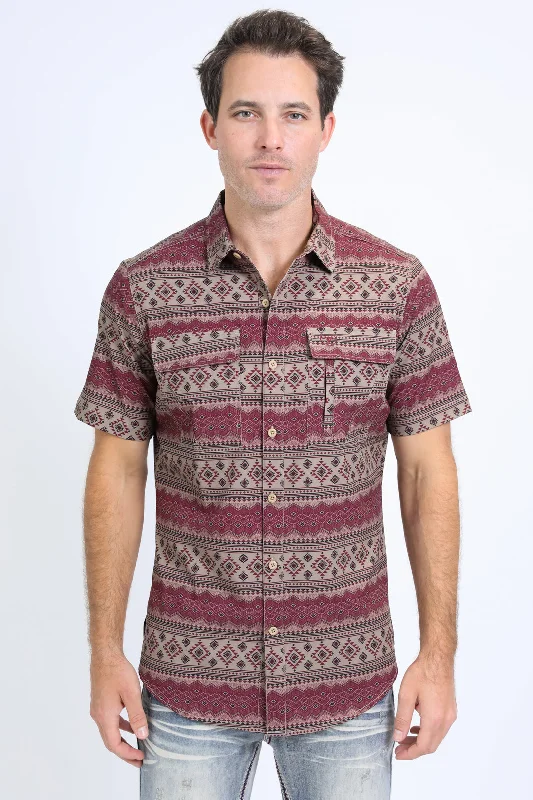 Mens Performance Western Short Sleeve Aztec Print Khaki Shirt Masculine Men's 