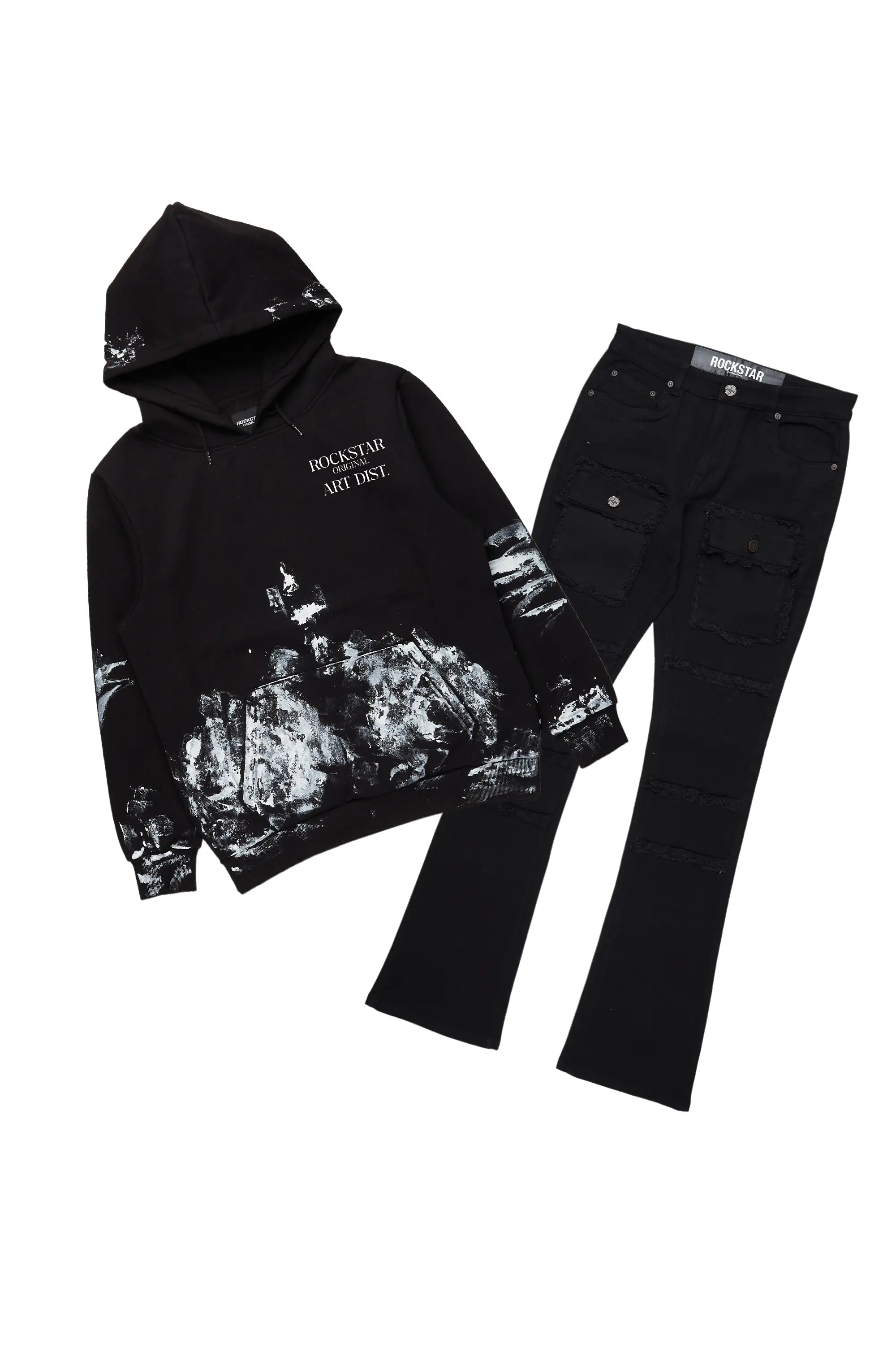 Filip Black Hoodie/Stacked Flare Cargo Jean Bundle Laid