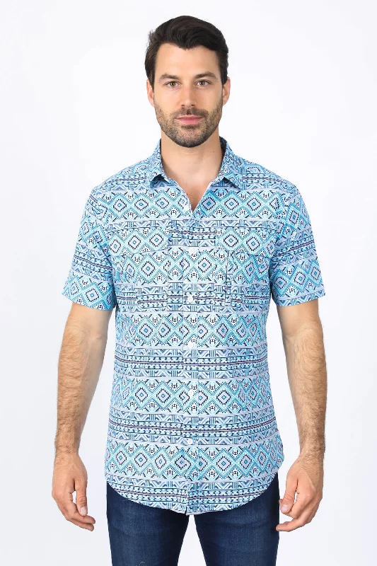 Mens Performance Classic Fit Western Short Sleeve Aztec Print White/Blue Shirt Dynamic Men's Glow