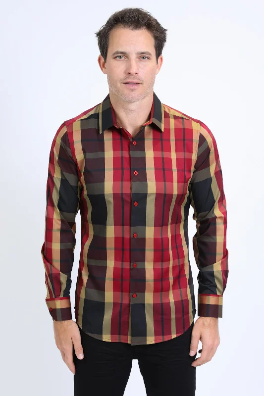 Mens Checkered Long Sleeve Red Shirt Traditional Men's Country