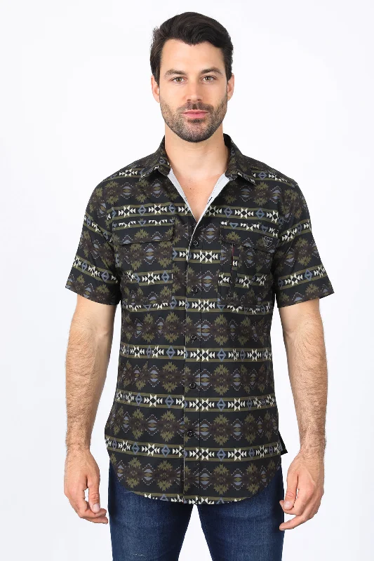 Mens Performance Classic Fit Western Short Sleeve Aztec Print Black Shirt Relaxed Men's Australian 