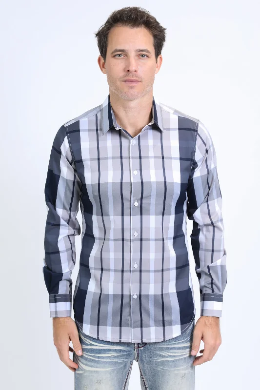 Mens Checkered Long Sleeve Grey Shirt Confident Men's Power