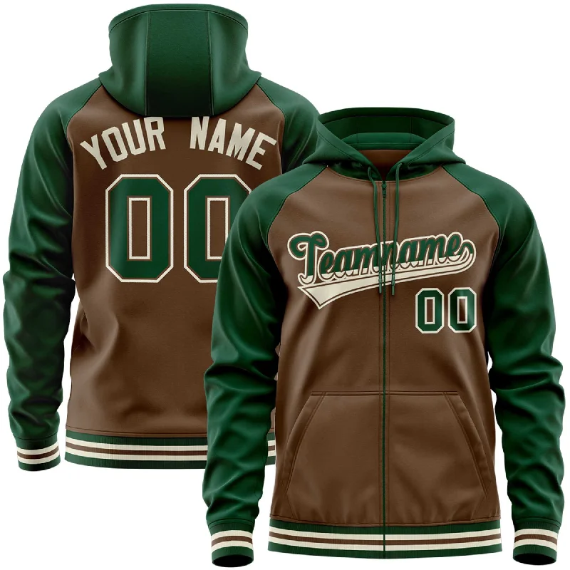 Custom Stitched Light Brown Green Raglan Sleeves Sports Full-Zip Sweatshirt Hoodie Refined Men's Classic 