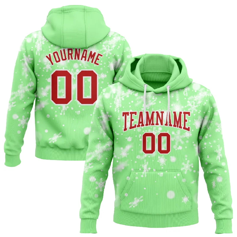 Custom Stitched Pea Green Red-White Christmas Snowflakes 3D Sports Pullover Sweatshirt Hoodie Monochromatic Office Style