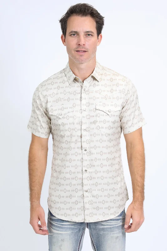 Mens Performance Western Short Sleeve Aztec Print Beige Shirt Masculine Men's Thick