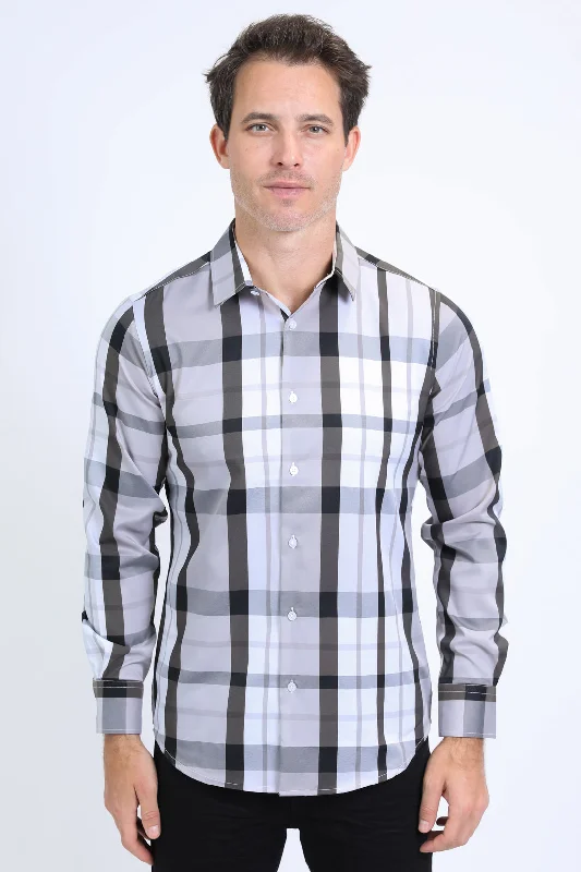 Mens Checkered Long Sleeve White Shirt Monochromatic All