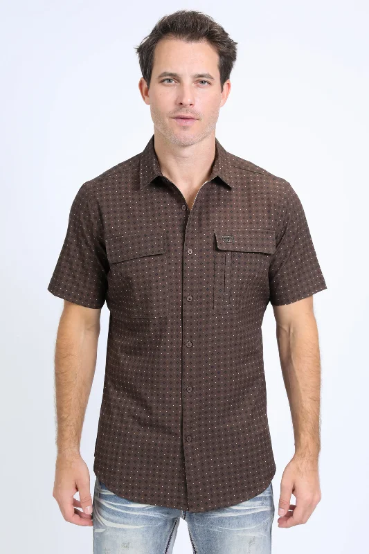 Mens Performance Western Short Sleeve Aztec Print Brown Shirt Tough Men's Military