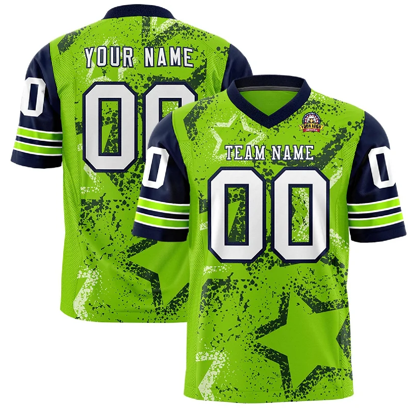 Custom Navy Neon Green-White Personalized Star Pattern Design Authentic Football Jersey Refined Men's Hand