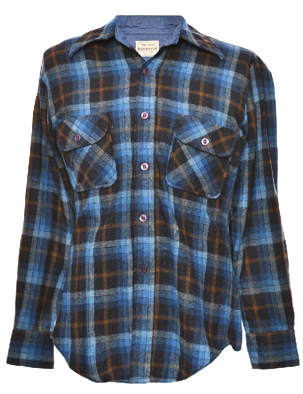 Long-Sleeved Navy Checked Shirt - S Polished Men's Satin