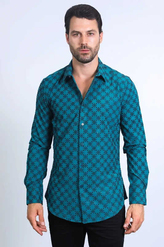 Men's Flocked Style Modern Fit Spandex Teal Shirt Sophisticated Men's 