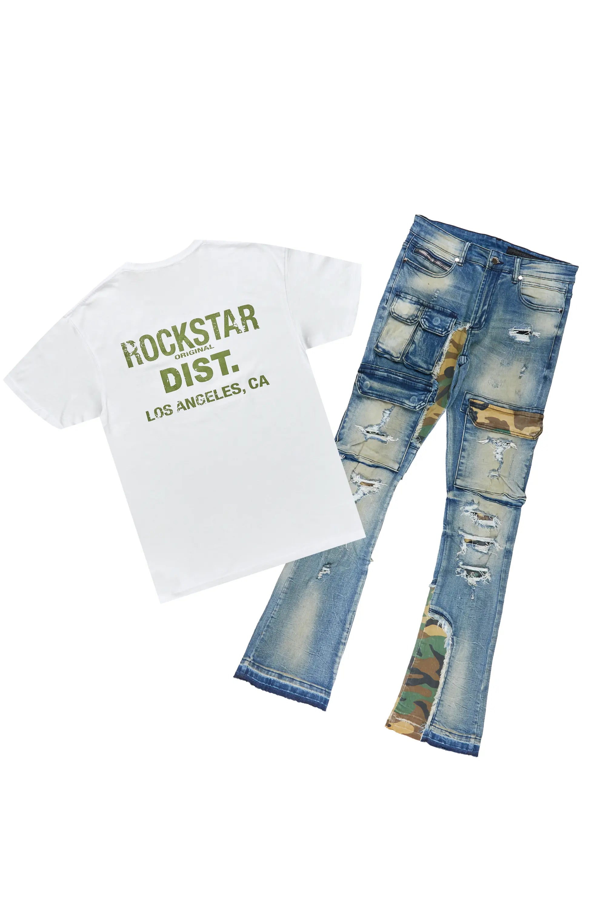 Lake White/Green T-Shirt & Zeta Stacked Flare Jean Bundle Sporty Men's Athleisure 