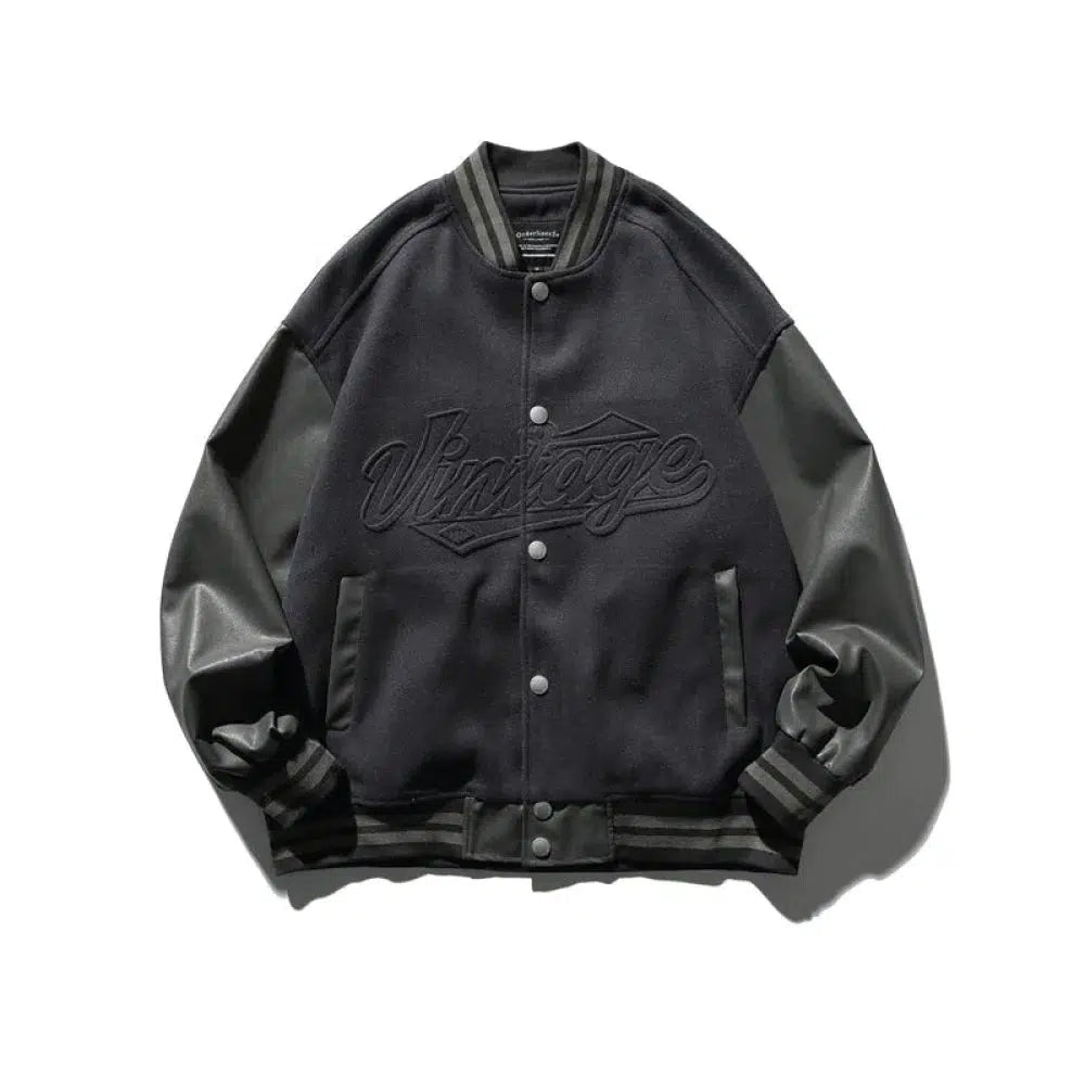 PU Leather Splicing Baseball Jacket Trendy Men's Bucket