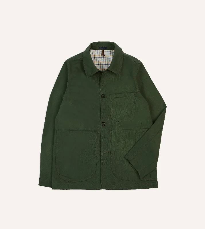 Green Herringbone Cotton Three-Pocket Chore Jacket Stylish Men's Tropical 