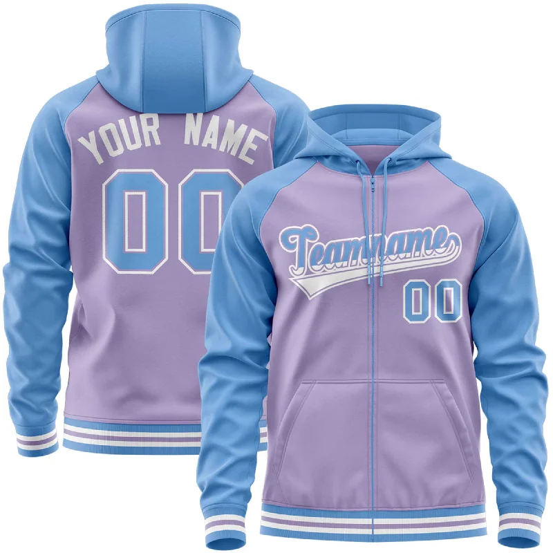 Custom Stitched Light Purple Powder Blue Raglan Sleeves Sports Full-Zip Sweatshirt Hoodie Youthful Men's Pop