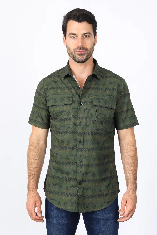 Mens Performance Classic Fit Western Olive Short Sleeve Aztec Print Shirt Sophisticated Men's 