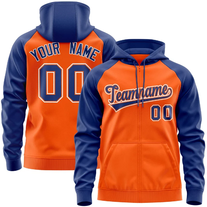 Custom Stitched Orange Royal-White Raglan Sleeves Sports Full-Zip Sweatshirt Hoodie Youthful Men's Anime