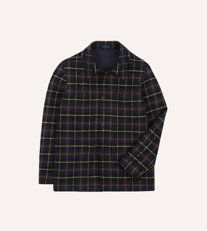 Navy Check Wool-Cotton Four-Pocket Chore Jacket Vacation