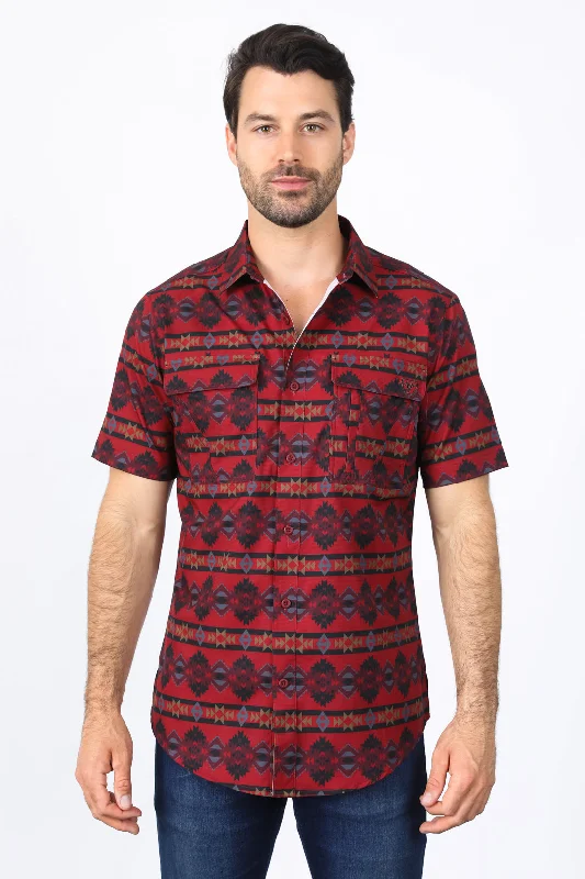 Mens Performance Classic Fit Western Short Sleeve Aztec Print Red Shirt Cool Men's Skate