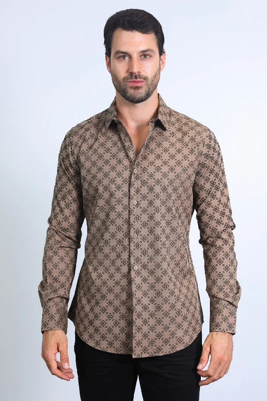 Men's Flocked Style Modern Fit Spandex Brown Shirt Sleek Men's Metallic