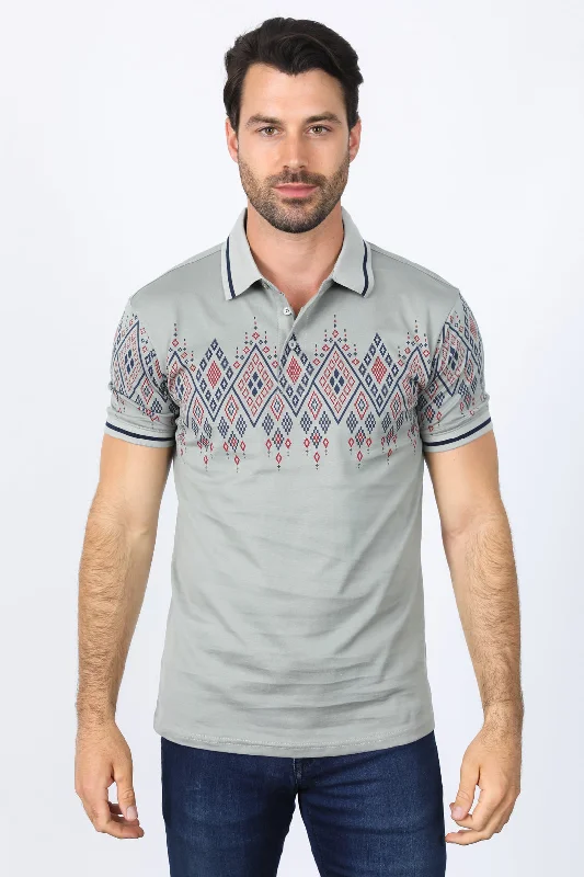 Mens Modern Fit Stretch Cotton Polo with Aztec Print Cozy Men's Winter