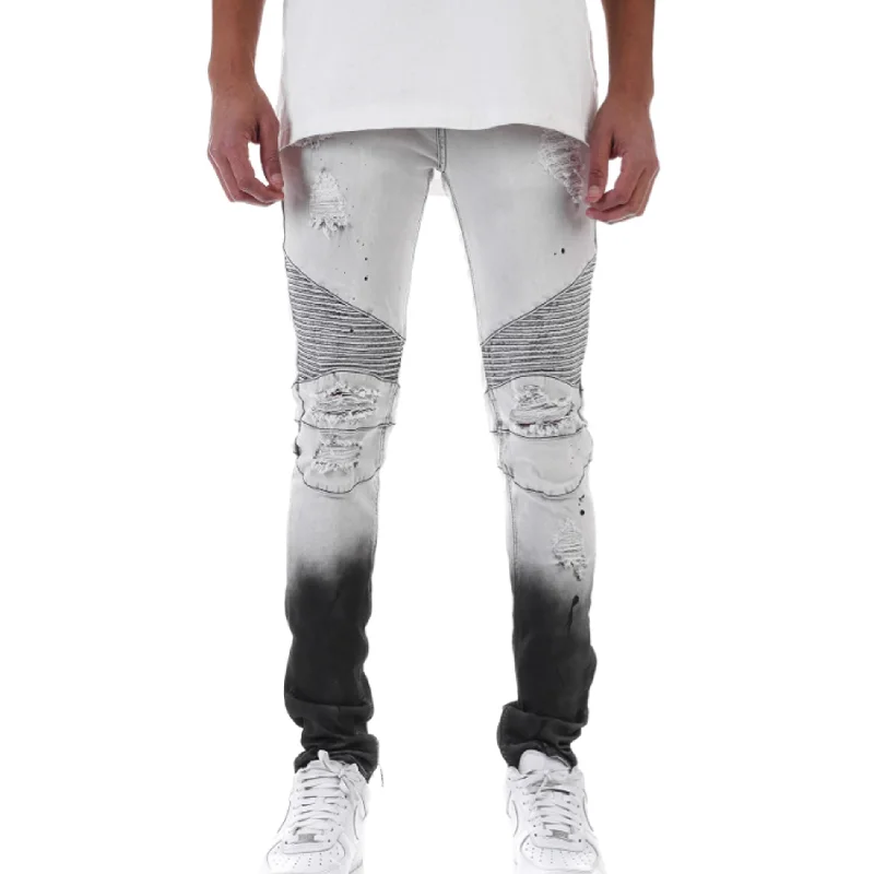 KDNK Spot Painted Brush Moto Denim Pant (Ice Grey) Trendy Men's Scandinavian