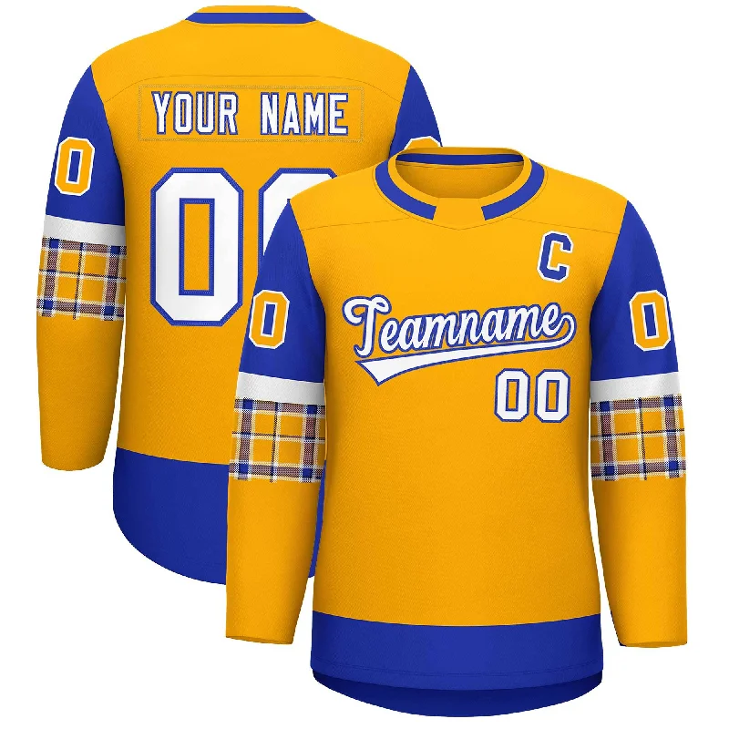 Custom Yellow Royal Personalized Raglan Sleeves Round-Neck Hockey Jersey British Gentleman Style