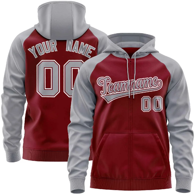 Custom Stitched Crimson Light Gray Raglan Sleeves Sports Full-Zip Sweatshirt Hoodie Traditional Men's Country