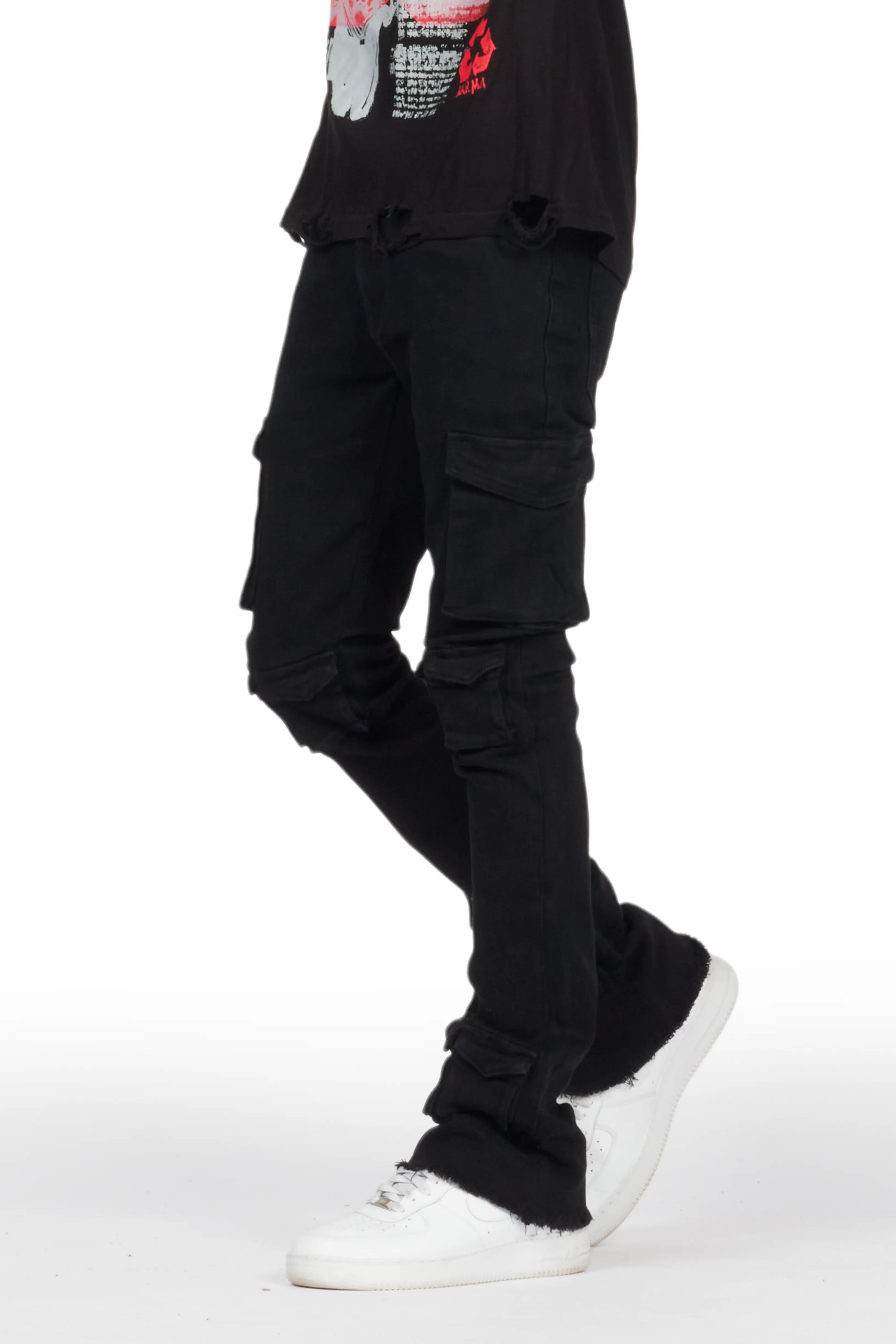 Feodor Black Stacked Flare Cargo Jean Casual Men's Japanese 