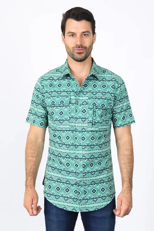 Mens Performance Classic Fit Western Short Sleeve Aztec Print Sage Shirt Practical Men's Quick