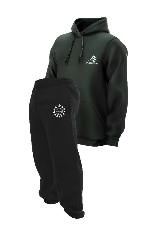 XAPE Global Joggers & Essential Hoodie Combo - Black/Forest Green Monochromatic Office Style