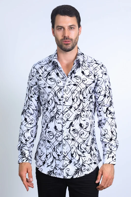 Men's Floral Flocked Modern Fit Spandex White Shirt Refined Men's European