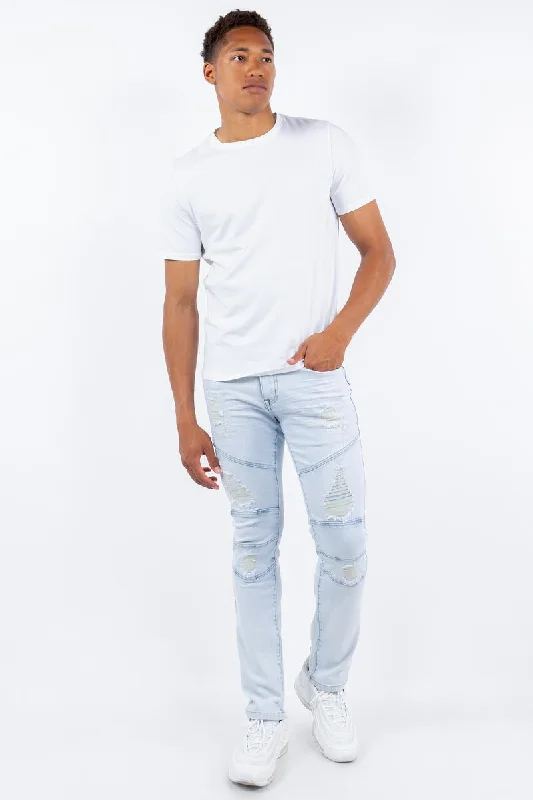 Platform Skinny Ripped Biker Jean (Ice Blue) Sleek Men's Contemporary 