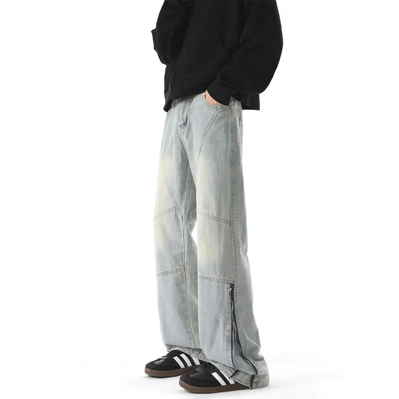 Side Zippers Wide-Leg Thermal Jeans Modern Men's Geometric