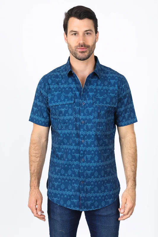 Mens Performance Classic Fit Western Navy Short Sleeve Aztec Print Shirt Confident Men's High