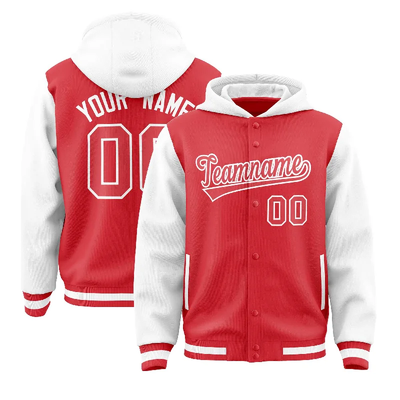 Custom Light Red White Raglan Sleeves Varsity Full-Snap Letterman Two Tone Jacket Hoodie Streetwear Style