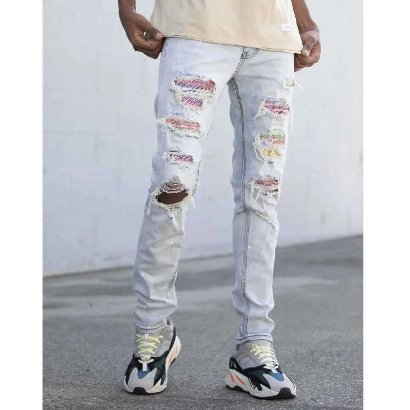 KDNK Ripped Rhine Stone Denim Jean (Blue) Monochromatic All