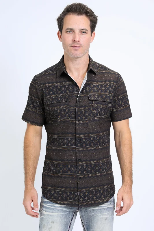 Mens Performance Western Short Sleeve Aztec Print Black Shirt Cozy Men's Sherpa