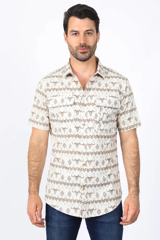 Mens Performance Classic Fit Western Beige Short Sleeve Aztec Print Shirt Traditional Men's Wool