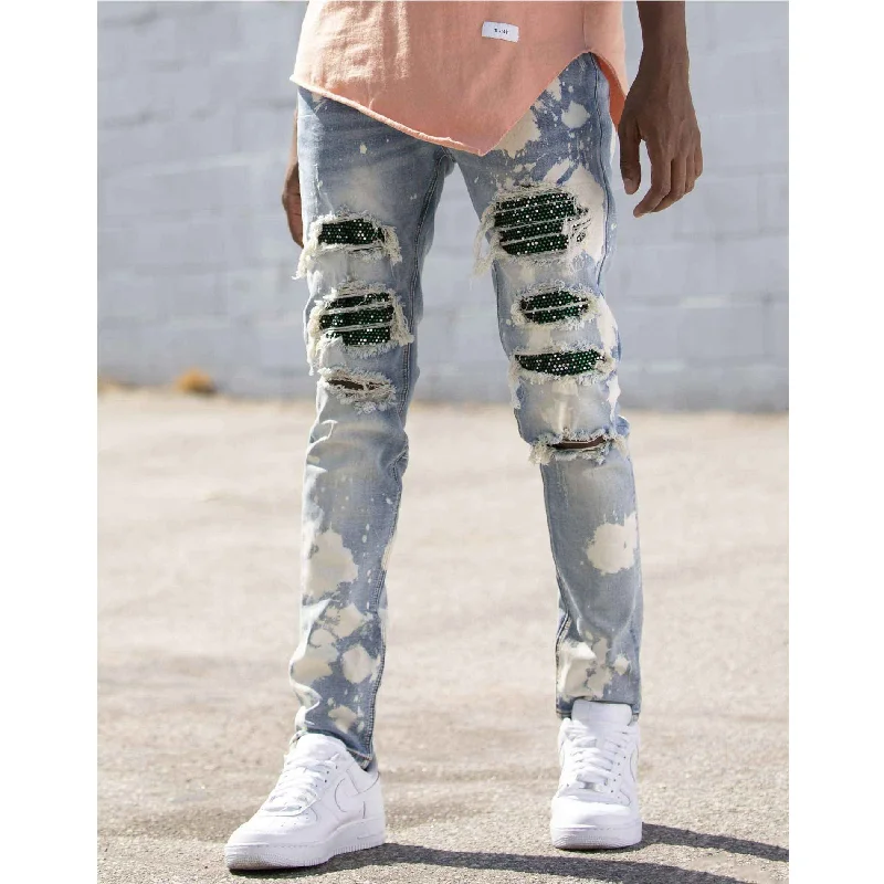 KDNK Rhine Stone Ripped Denim Jean (Blue) Dynamic Men's Moto