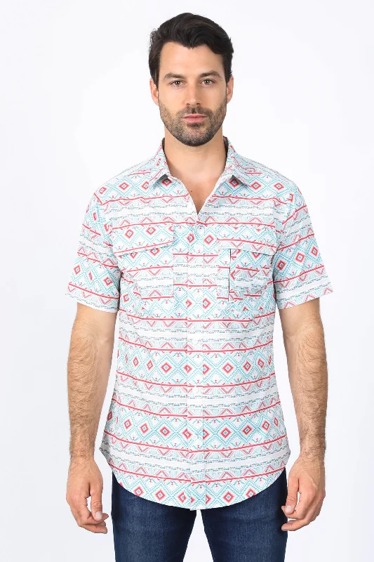 Mens Performance Classic Fit Western Short Sleeve Aztec Print White/Salmon Shirt Dapper Men's Bow