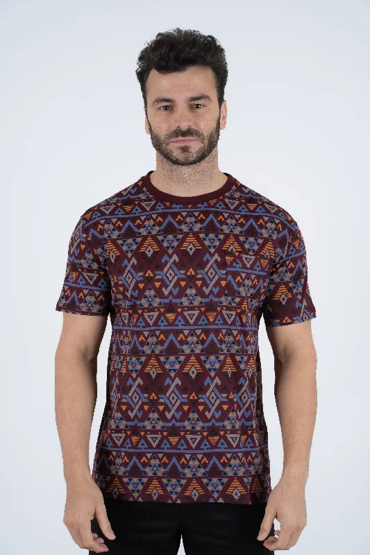 Men's Cotton Wine Aztec Print T-shirt Artistic Men's Avant