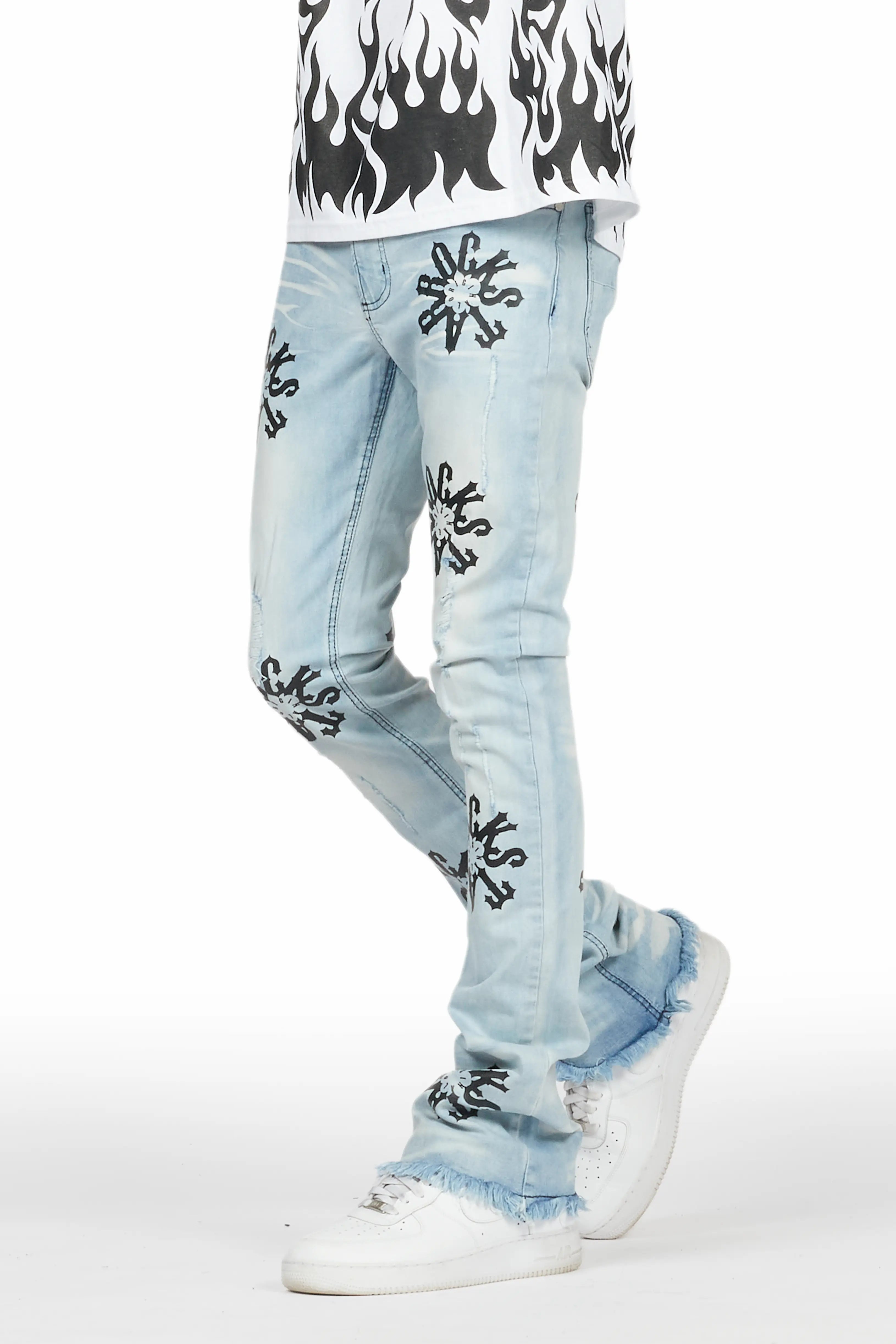 Neige Blue/ Black Graphic Stacked Flare Jean Laid