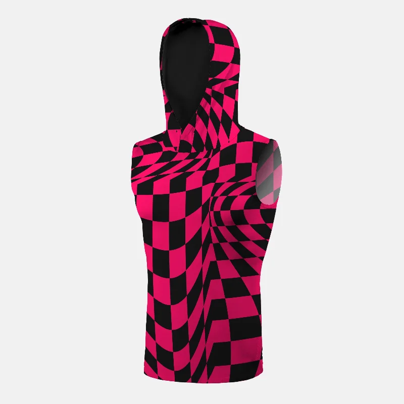 Pink Warped Checkered Sleeveless Compression Hoodie Masculine Men's Thick