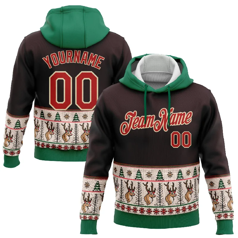 Custom Stitched Brown Red Cream-Kelly Green Christmas 3D Sports Pullover Sweatshirt Hoodie Dynamic Men's Glow