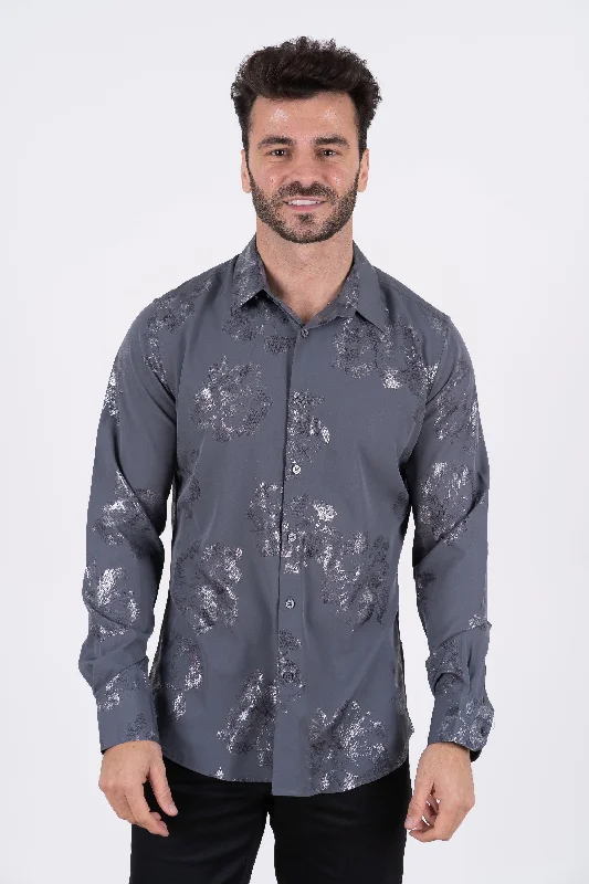 Mens Modern Fit Stretch Foiled Shirt - Gray Artistic Men's Hand