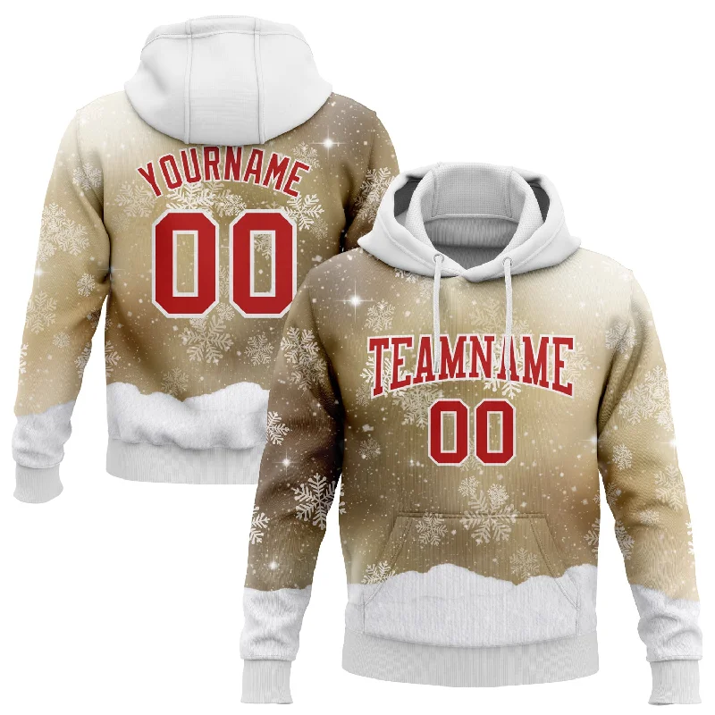 Custom Stitched Old Gold Red-White Christmas Snowflakes 3D Sports Pullover Sweatshirt Hoodie British Gentleman Style